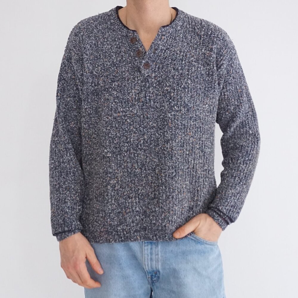 Vintage Prefab Blue Speckled Textured Outdoor Breathable Henley Knit Sweater S